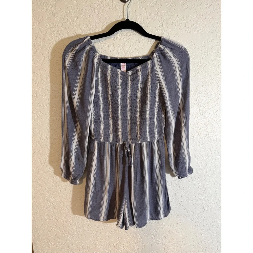 Justice Romper Blue 12 Kids Striped Smocked Long Sleeve Boho Casual Shortie